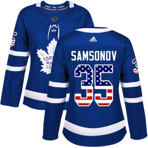 cheap Adidas Maple Leafs #35 Ilya Samsonov Blue Home Authentic USA Flag Women's Stitched NHL Jersey