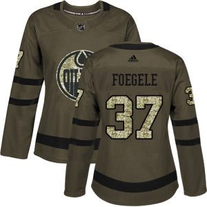 cheap Adidas Oilers #37 Warren Foegele Green Salute to Service Women's Stitched NHL Jersey