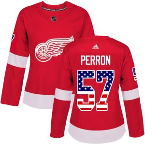 Adidas Red Wings #57 David Perron Red Home Authentic USA Flag Women's Stitched NHL Jersey