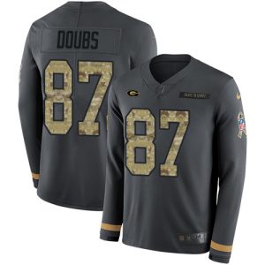 Packers #87 Romeo Doubs Anthracite Salute to Service Youth Stitched NFL Limited Therma Long Sleeve Jersey