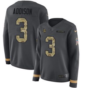 Vikings #3 Jordan Addison Anthracite Salute to Service Women's Stitched NFL Limited Therma Long Sleeve Jersey