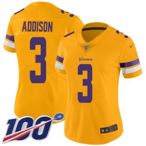 cheap Vikings #3 Jordan Addison Gold Women's Stitched NFL Limited Inverted Legend 100th Season Jersey