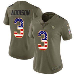 Vikings #3 Jordan Addison Olive/USA Flag Women's Stitched NFL Limited 2024 Salute To Service Jersey