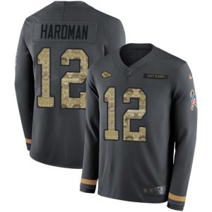 Chiefs #12 Mecole Hardman Anthracite Salute to Service Men's Stitched NFL Limited Therma Long Sleeve Jersey