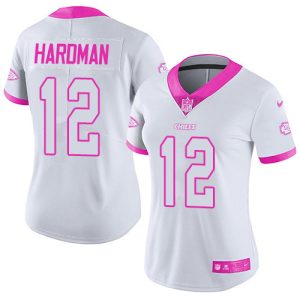 chiefs #12 mecole hardman white/pink women's stitched nfl limited rush fashion wholesale jersey