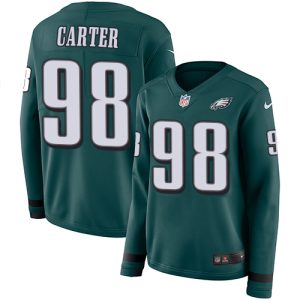 wholesale Eagles #98 Jalen Carter Green Team Color Women's Stitched NFL Limited Therma Long Sleeve Jersey