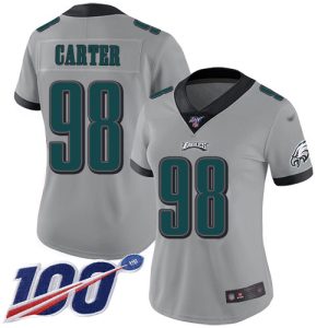 Eagles #98 Jalen Carter Silver Women's Stitched NFL Limited Inverted Legend 100th Season Jersey