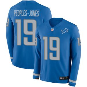 lions #19 donovan peoples-jones blue team color men's stitched nfl limited therma long sleeve wholesale jersey