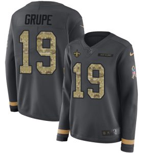 Saints #19 Blake Grupe Anthracite Salute to Service Women's Stitched NFL Limited Therma Long Sleeve Jersey