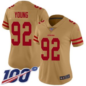 49ers #92 Chase Young Gold Women's Stitched NFL Limited Inverted Legend 100th Season Jersey