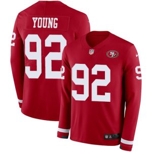 49ers #92 chase young red team color youth stitched nfl limited therma long sleeve wholesale jersey