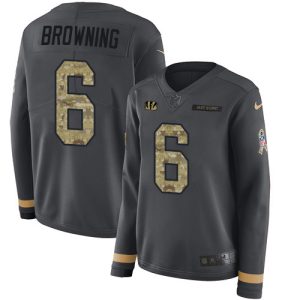 bengals #6 jake browning anthracite salute to service women's stitched nfl limited therma long sleeve wholesale jersey