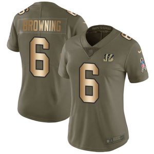 Bengals #6 Jake Browning Olive/Gold Women's Stitched NFL Limited 2017 Salute To Service Jersey