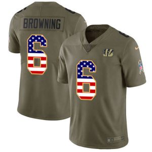 Bengals #6 Jake Browning Olive/USA Flag Youth Stitched NFL Limited 2017 Salute To Service Jersey