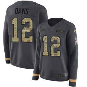 Chargers #12 Derius Davis Anthracite Salute to Service Women's Stitched NFL Limited Therma Long Sleeve Jersey