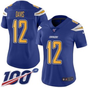 Chargers #12 Derius Davis Electric Blue Women's Stitched NFL Limited Rush 100th Season Jersey