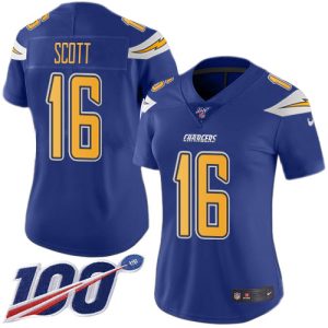 chargers #16 j.k. scott electric blue women's stitched nfl limited rush 100th season wholesale jersey