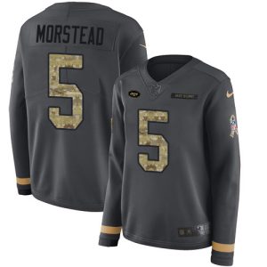 Jets #5 Thomas Morstead Anthracite Salute to Service Women's Stitched NFL Limited Therma Long Sleeve Jersey