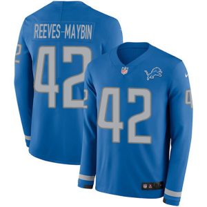 Lions #42 Jalen Reeves-Maybin Blue Team Color Men's Stitched NFL Limited Therma Long Sleeve Jersey