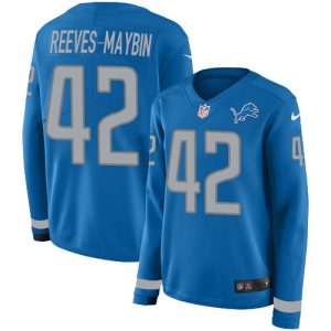 Lions #42 Jalen Reeves-Maybin Blue Team Color Women's Stitched NFL Limited Therma Long Sleeve Jersey