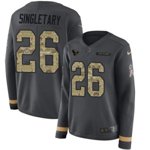 cheap Texans #26 Devin Singletary Anthracite Salute to Service Women's Stitched NFL Limited Therma Long Sleeve Jersey