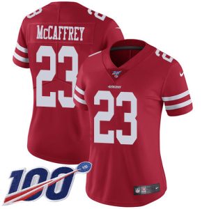 cheap 49ers #23 Christian McCaffrey Red Team Color Women's Stitched NFL 100th Season Vapor Limited Jersey