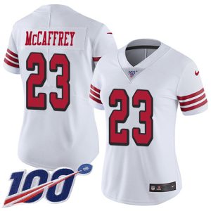 49ers #23 Christian McCaffrey White Rush Women's Stitched NFL Limited 100th Season Jersey