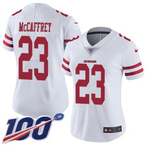 cheap 49ers #23 Christian McCaffrey White Women's Stitched NFL 100th Season Vapor Limited Jersey