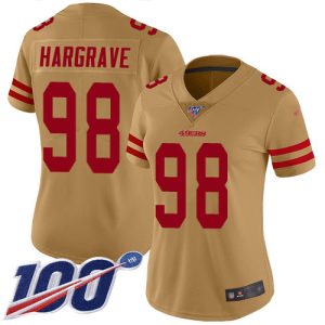 49ers #98 Javon Hargrave Gold Women's Stitched NFL Limited Inverted Legend 100th Season Jersey