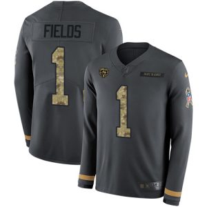 Bears #1 Justin Fields Anthracite Salute to Service Men's Stitched NFL Limited Therma Long Sleeve Jersey