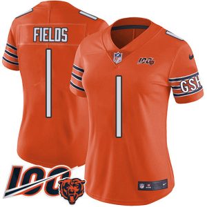 bears #1 justin fields orange women's stitched nfl limited rush 100th season wholesale jersey