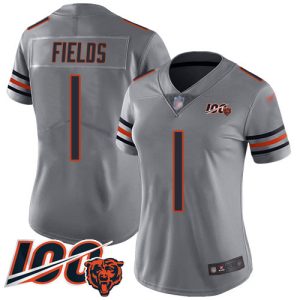 cheap Bears #1 Justin Fields Silver Women's Stitched NFL Limited Inverted Legend 100th Season Jersey