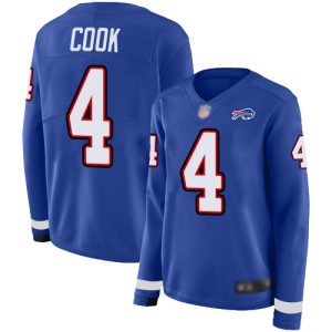 Bills #4 James Cook Royal Blue Team Color Women's Stitched NFL Limited Therma Long Sleeve Jersey