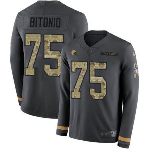 Browns #75 Joel Bitonio Anthracite Salute to Service Men's Stitched NFL Limited Therma Long Sleeve Jersey