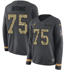 cheap Browns #75 Joel Bitonio Anthracite Salute to Service Women's Stitched NFL Limited Therma Long Sleeve Jersey