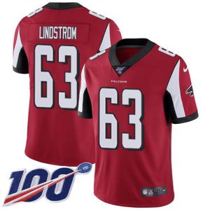 Falcons #63 Chris Lindstrom Red Team Color Stitched Youth NFL 100th Season Vapor Untouchable Limited Jersey