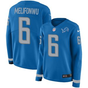 Lions #6 Ifeatu Melifonwu Blue Team Color Women's Stitched NFL Limited Therma Long Sleeve Jersey