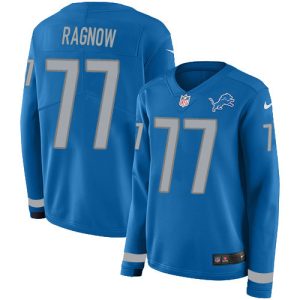 Lions #77 Frank Ragnow Blue Team Color Women's Stitched NFL Limited Therma Long Sleeve Jersey