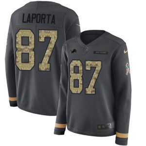 lions #87 sam laporta anthracite salute to service women's stitched nfl limited therma long sleeve cheap jersey