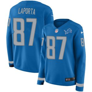 Lions #87 Sam LaPorta Blue Team Color Women's Stitched NFL Limited Therma Long Sleeve Jersey