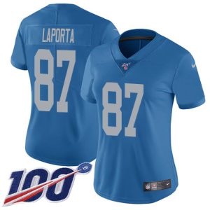 cheap Lions #87 Sam LaPorta Blue Throwback Women's Stitched NFL 100th Season Vapor Untouchable Limited Jersey