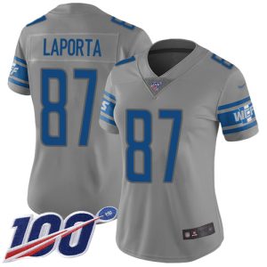 Lions #87 Sam LaPorta Gray Women's Stitched NFL Limited Inverted Legend 100th Season Jersey