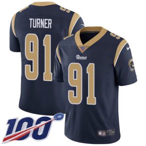 wholesale Rams #91 Kobie Turner Navy Blue Team Color Men's Stitched NFL 100th Season Vapor Limited Jersey