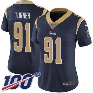 Rams #91 Kobie Turner Navy Blue Team Color Women's Stitched NFL 100th Season Vapor Limited Jersey