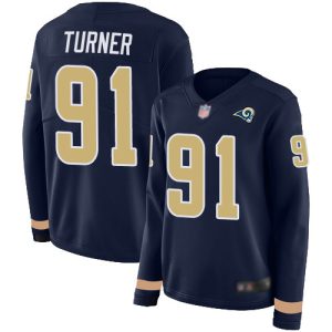 rams #91 kobie turner navy blue team color women's stitched nfl limited therma long sleeve wholesale jersey